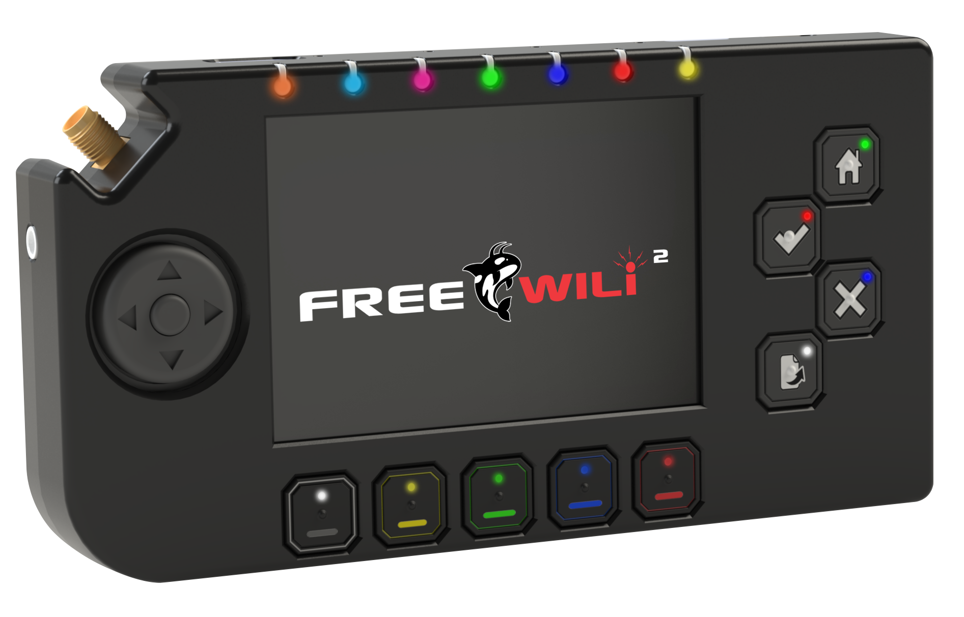 FREE-WILi 2 device: 3.5-inch touchscreen, D-pad, action buttons and seven RGB status LEDs