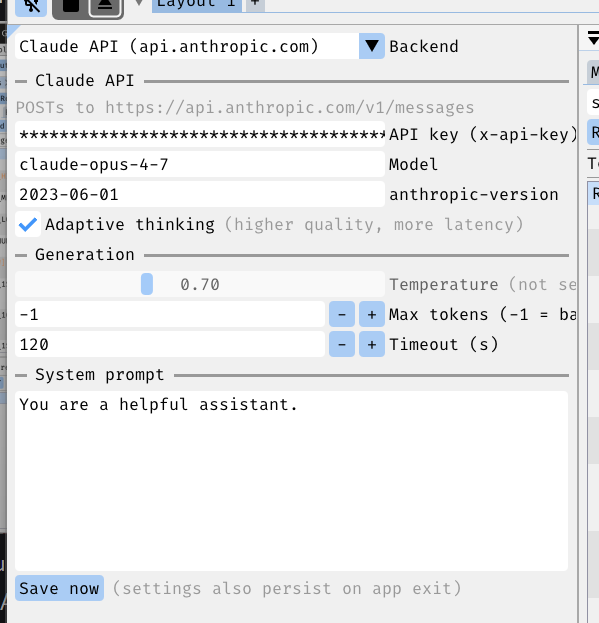 FreeWili GUI Claude API configuration panel