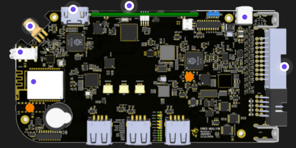 FreeWili2 internal PCB with dual RP2350, ESP32-C5, FPGA, USB host ports and Orca connectors