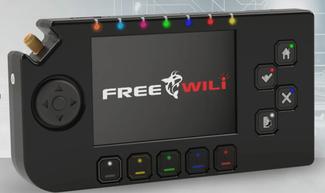 FreeWili2 device: 3.5-inch touchscreen, D-pad, action buttons and seven RGB status LEDs