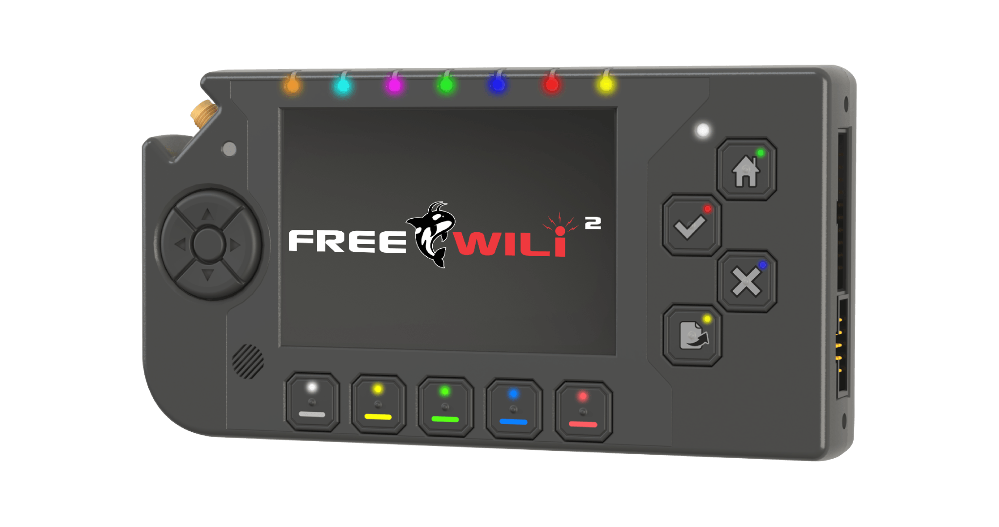 FREE-WILi 2 showing the touchscreen, D-pad, A/B/X/Y buttons and context keys