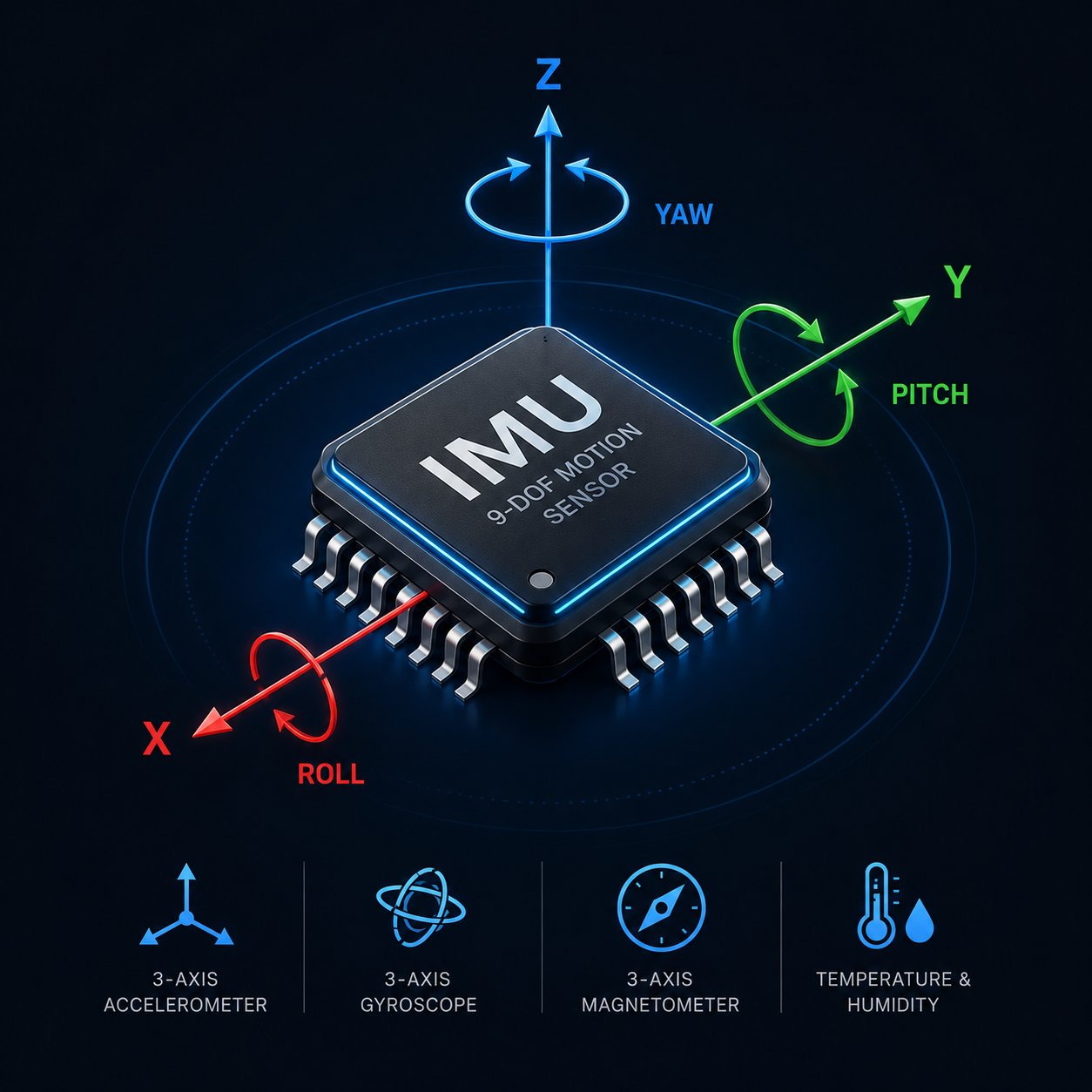 Diagram of a 9-DOF IMU and magnetometer sensor package