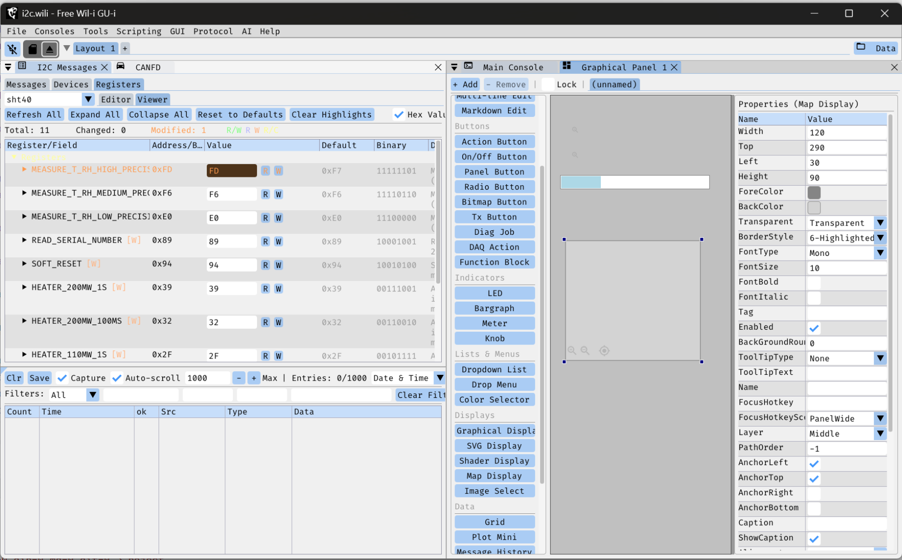 FreeWili GUI software showing the I2C panel and graphical editor