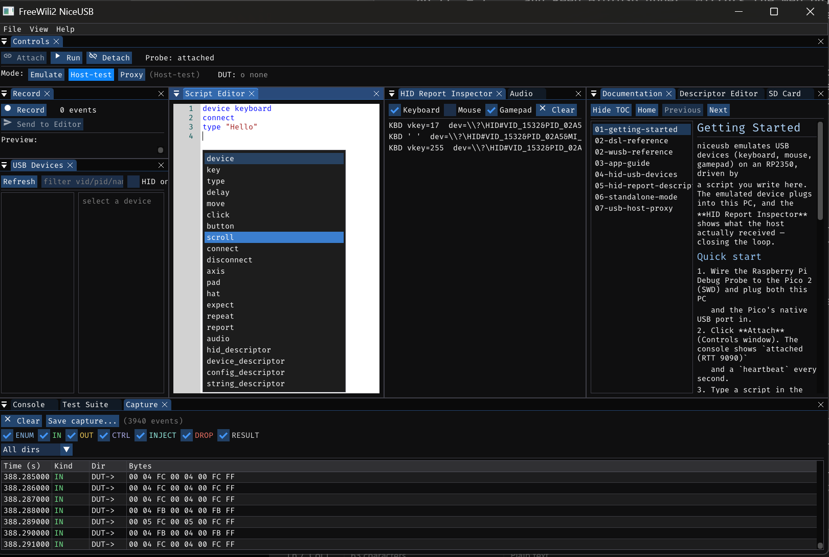 FreeWili2 scriptable PIO-driven USB device port