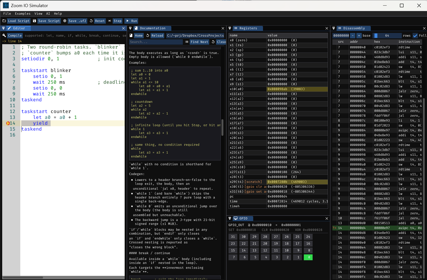 ZoomIO Simulator showing the script editor, registers, disassembly, and GPIO view